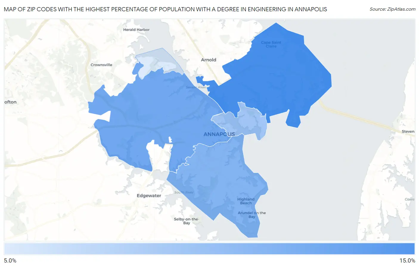 Zip Codes with the Highest Percentage of Population with a Degree in Engineering in Annapolis Map