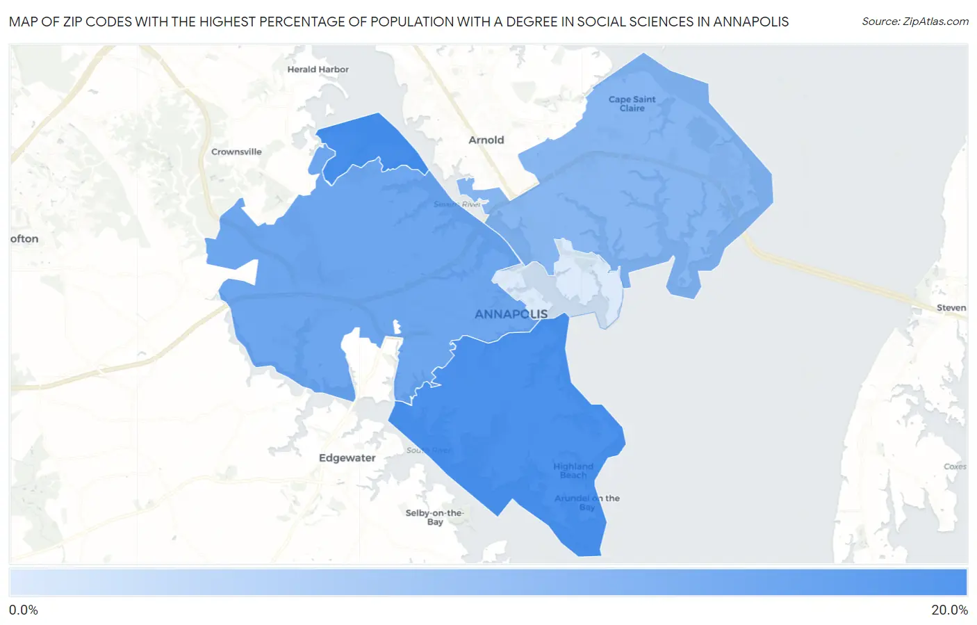 Zip Codes with the Highest Percentage of Population with a Degree in Social Sciences in Annapolis Map