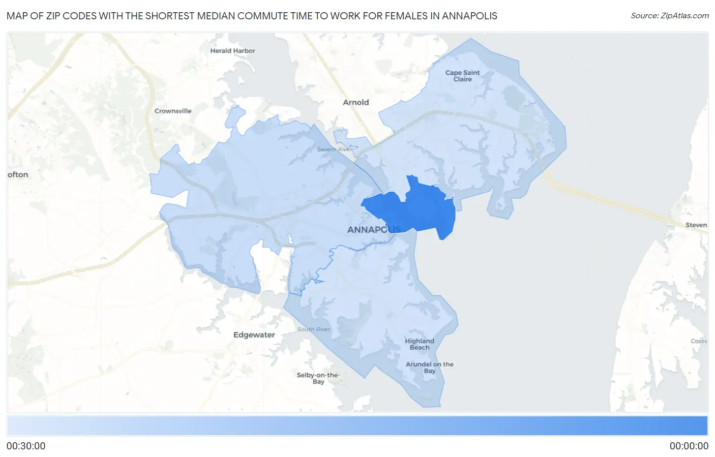Zip Codes with the Shortest Median Commute Time to Work for Females in Annapolis Map