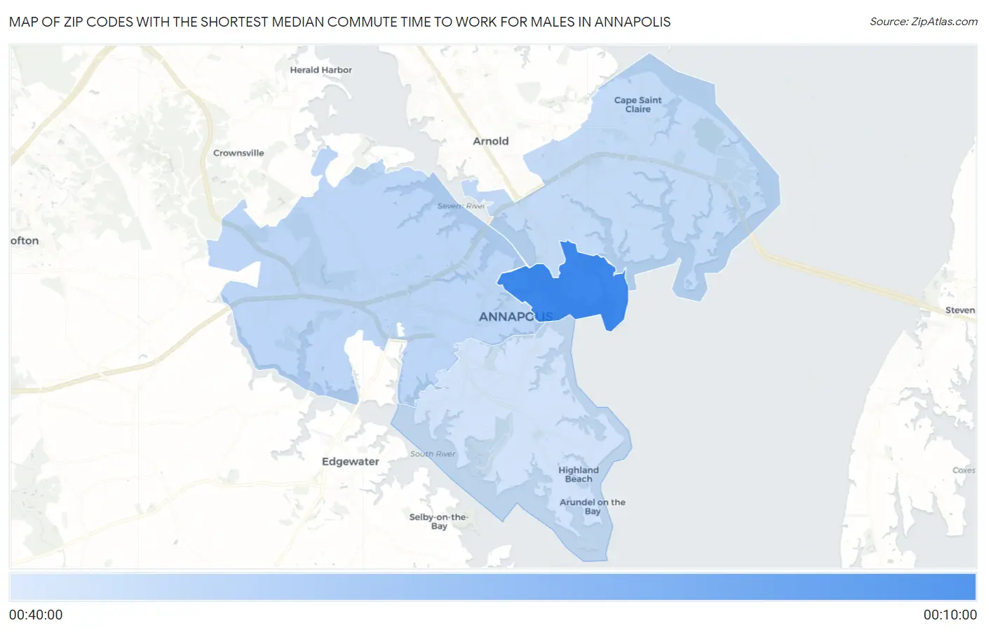 Zip Codes with the Shortest Median Commute Time to Work for Males in Annapolis Map