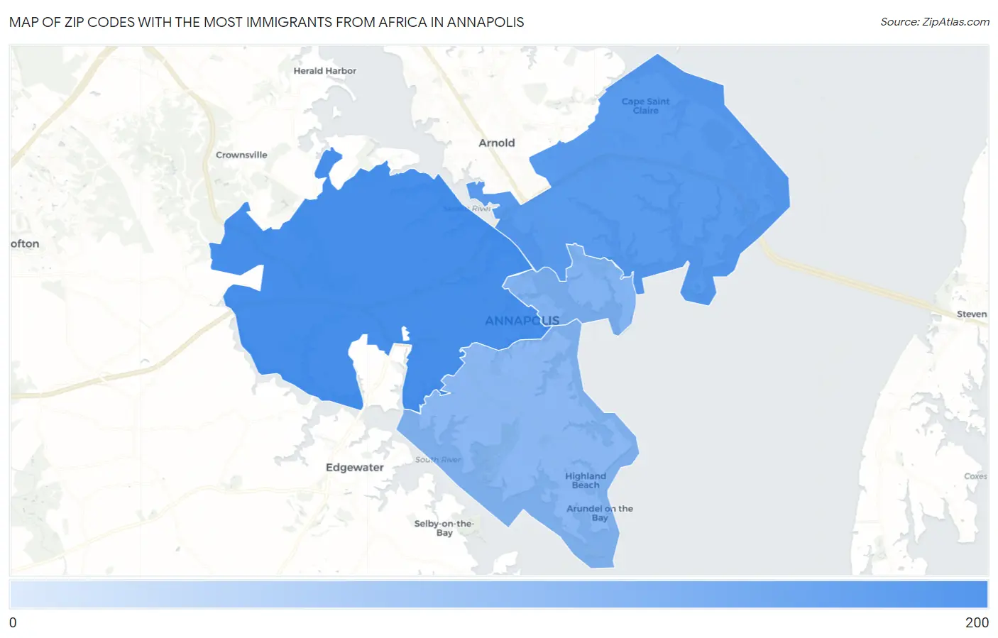 Zip Codes with the Most Immigrants from Africa in Annapolis Map