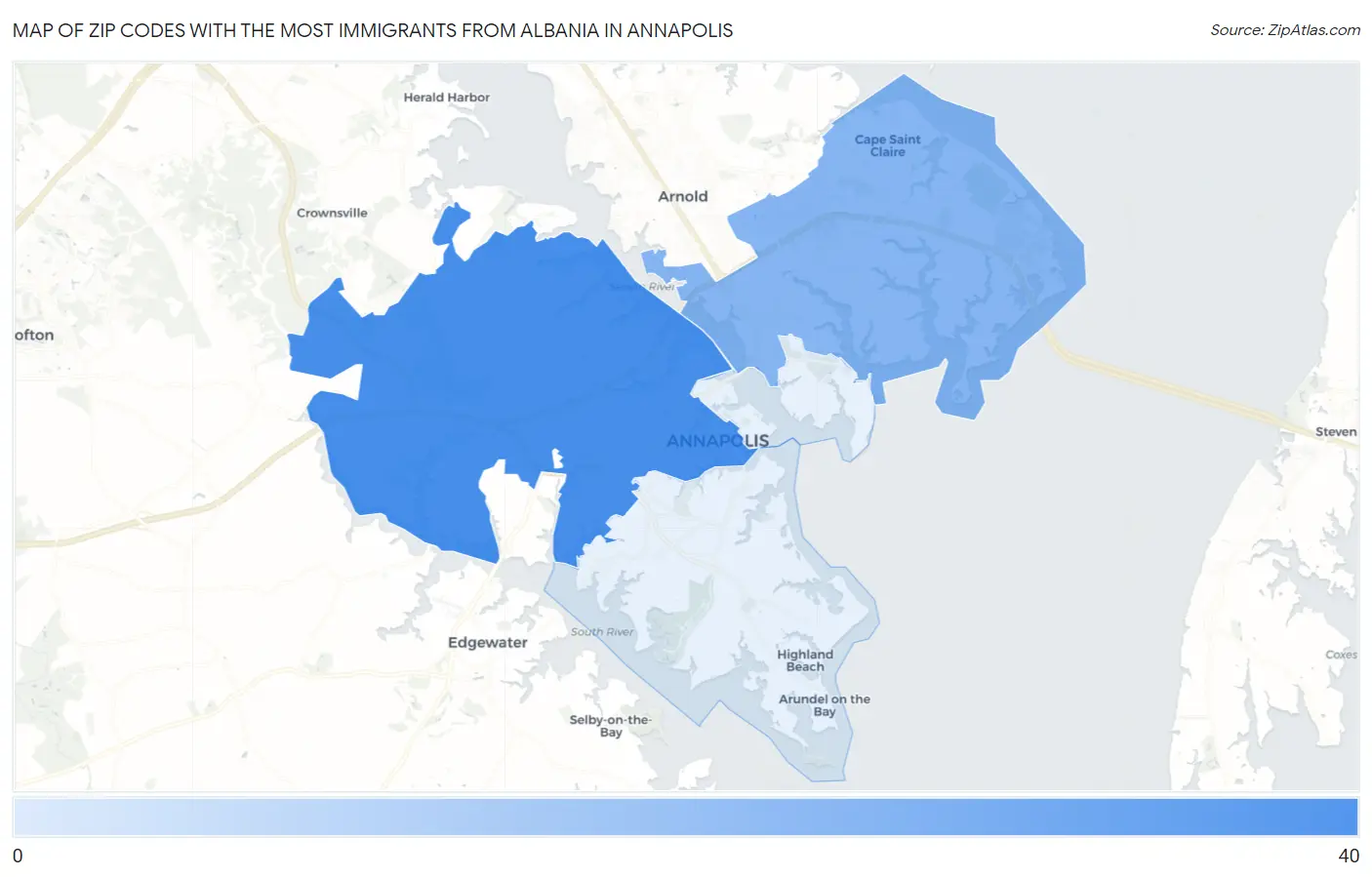 Zip Codes with the Most Immigrants from Albania in Annapolis Map