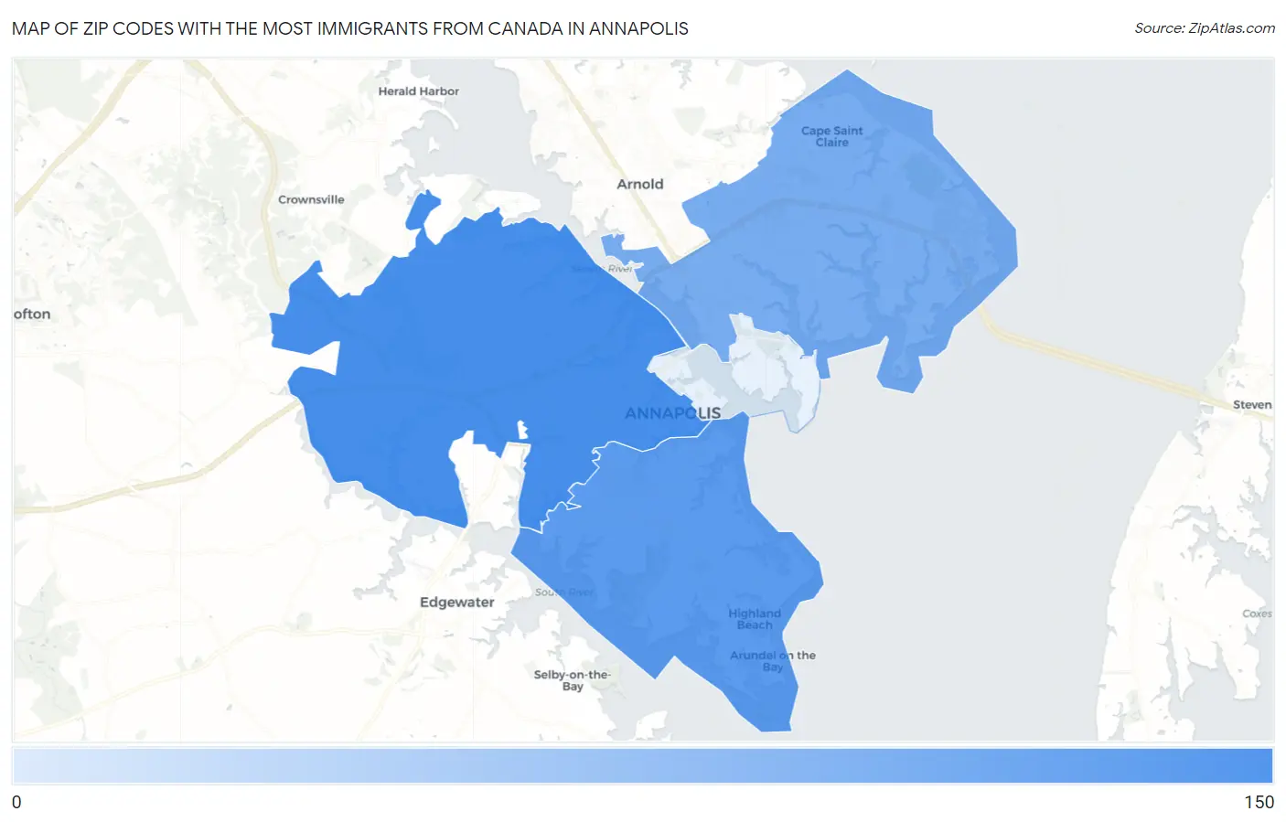 Zip Codes with the Most Immigrants from Canada in Annapolis Map