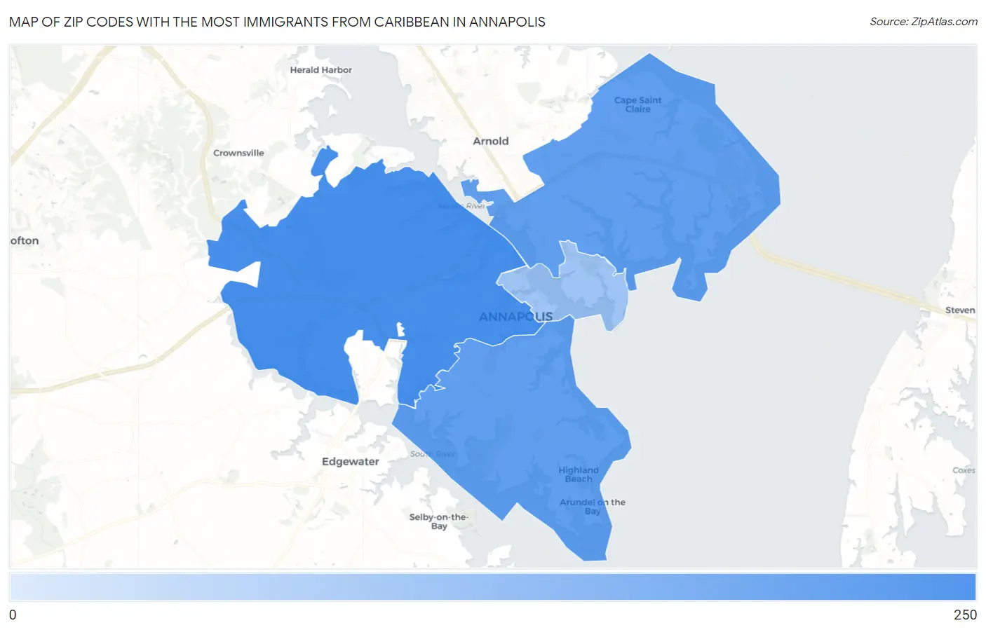 Zip Codes with the Most Immigrants from Caribbean in Annapolis Map