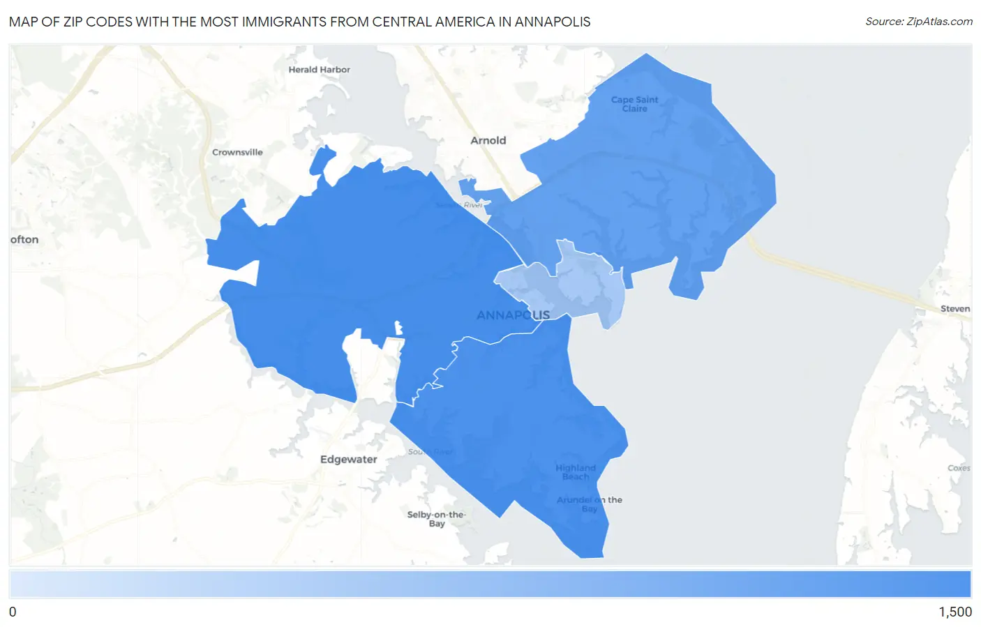 Zip Codes with the Most Immigrants from Central America in Annapolis Map