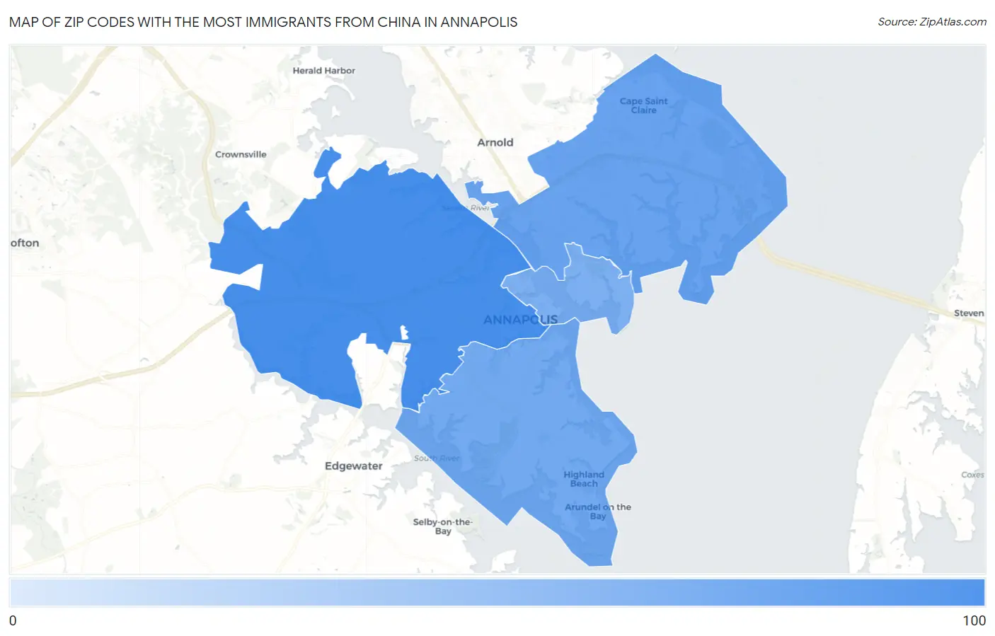 Zip Codes with the Most Immigrants from China in Annapolis Map