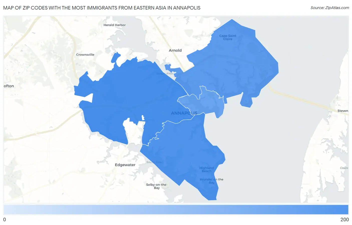 Zip Codes with the Most Immigrants from Eastern Asia in Annapolis Map