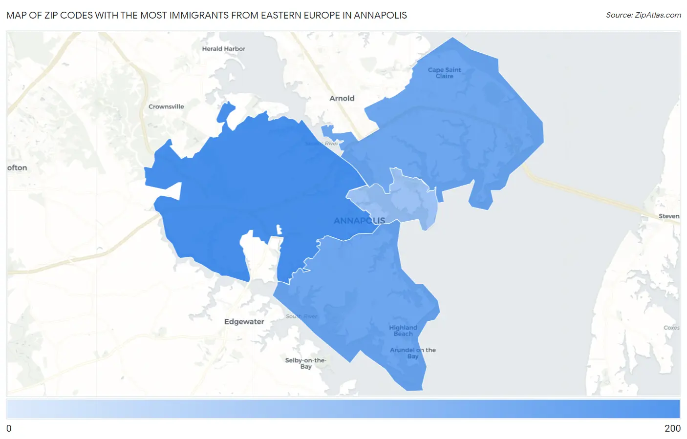 Zip Codes with the Most Immigrants from Eastern Europe in Annapolis Map