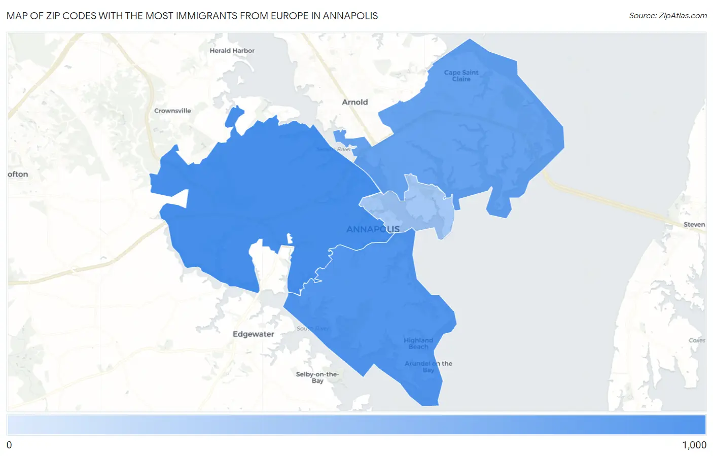 Zip Codes with the Most Immigrants from Europe in Annapolis Map