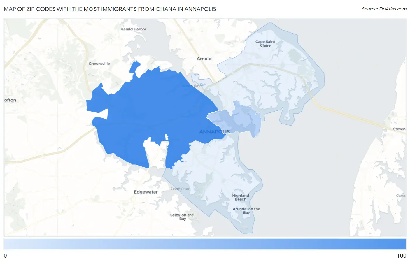 Zip Codes with the Most Immigrants from Ghana in Annapolis Map