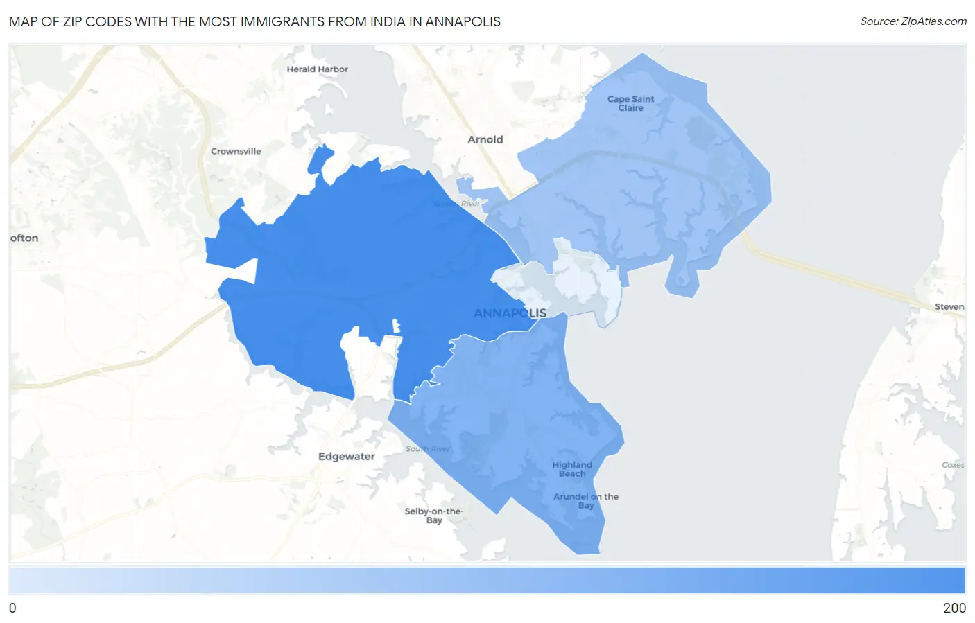 Zip Codes with the Most Immigrants from India in Annapolis Map