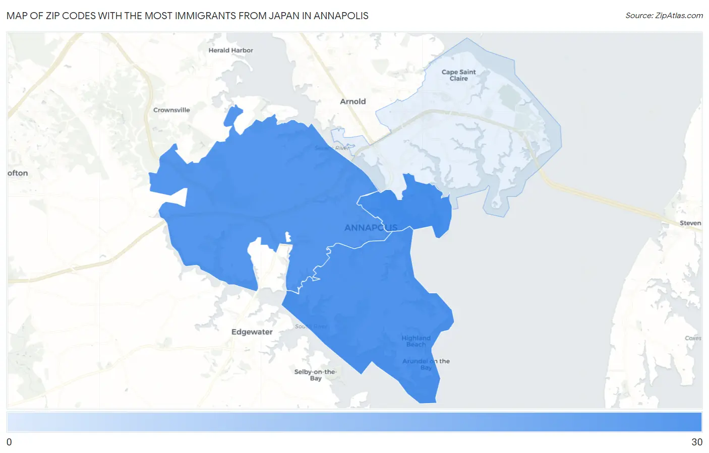 Zip Codes with the Most Immigrants from Japan in Annapolis Map
