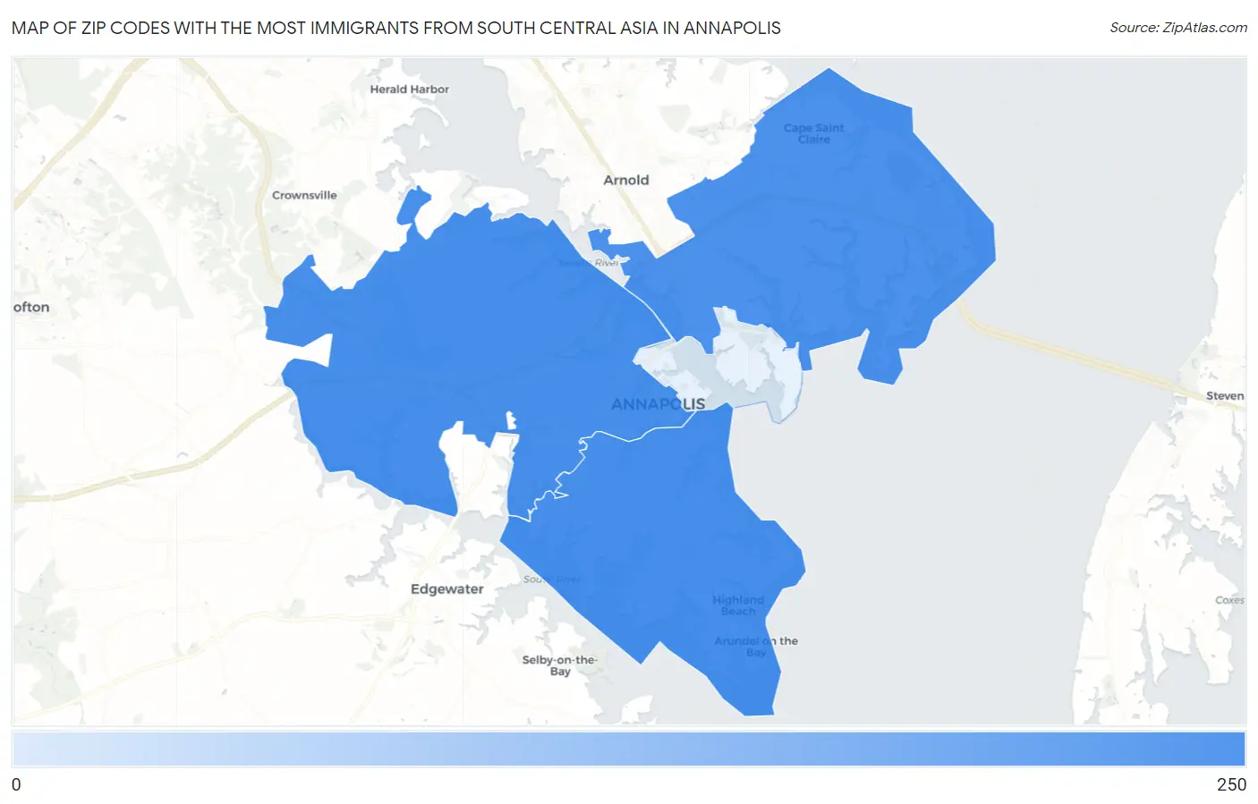 Zip Codes with the Most Immigrants from South Central Asia in Annapolis Map