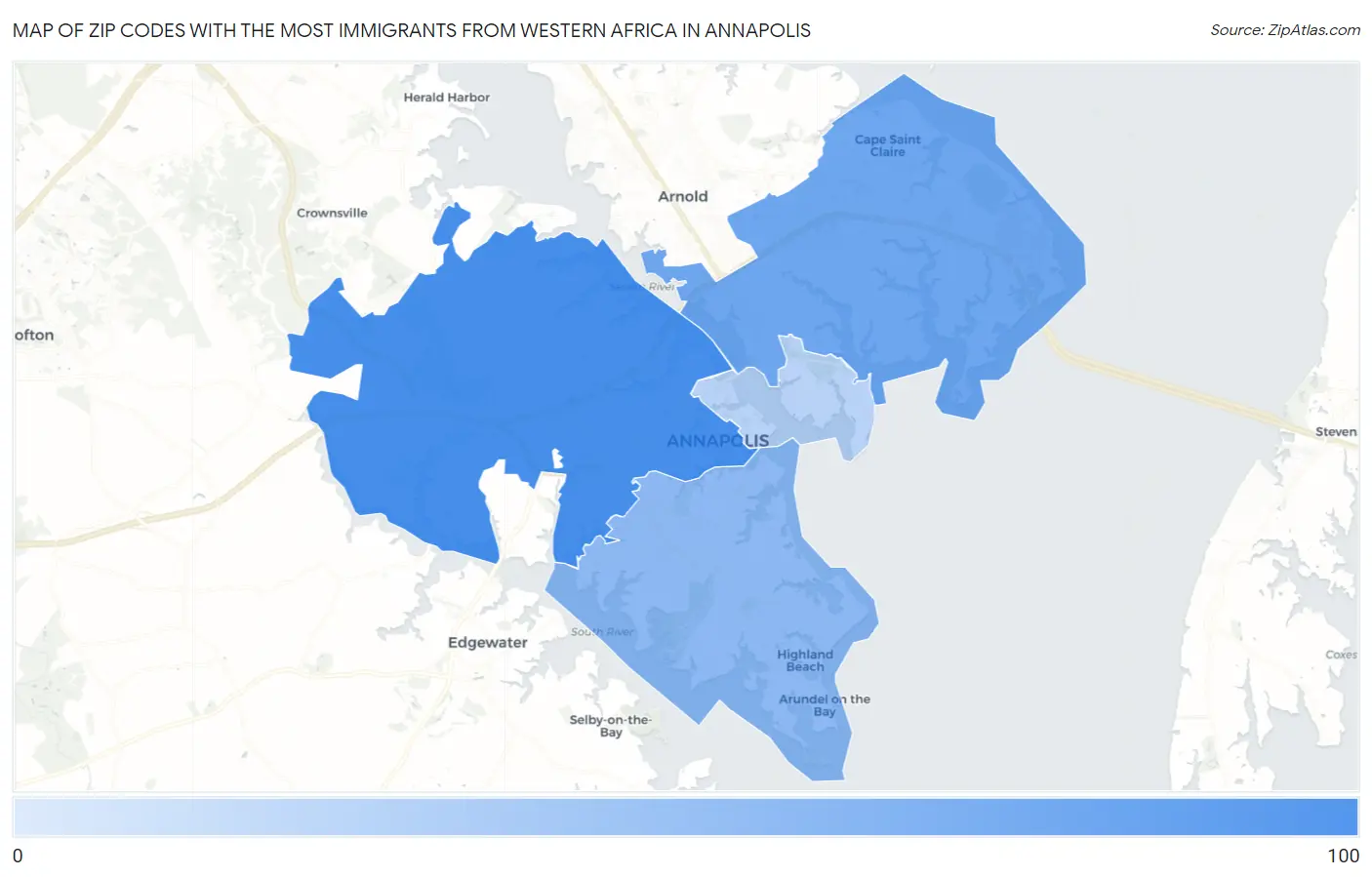 Zip Codes with the Most Immigrants from Western Africa in Annapolis Map