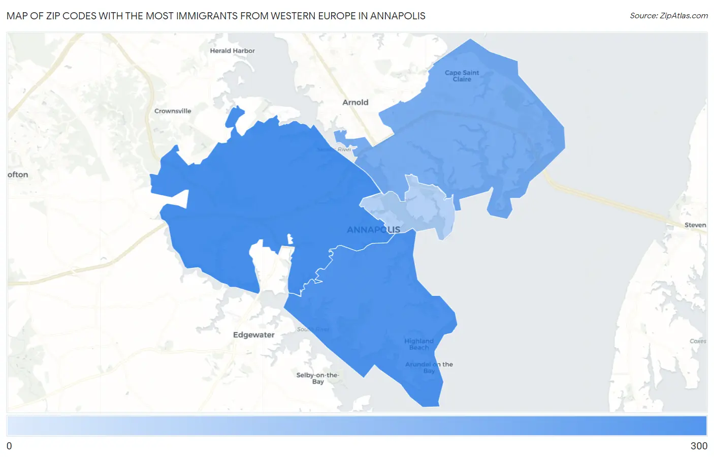 Zip Codes with the Most Immigrants from Western Europe in Annapolis Map