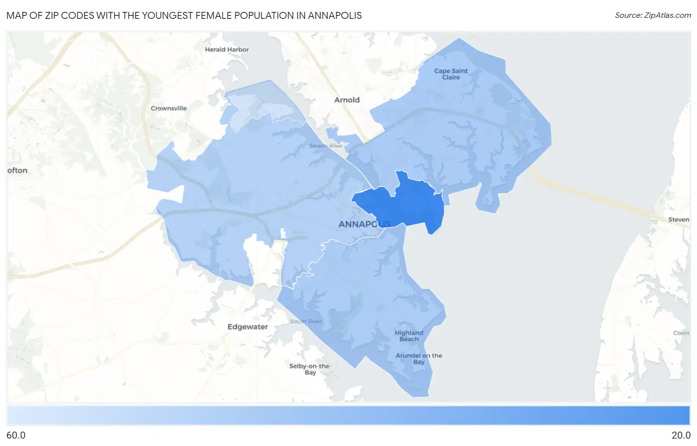 Zip Codes with the Youngest Female Population in Annapolis Map