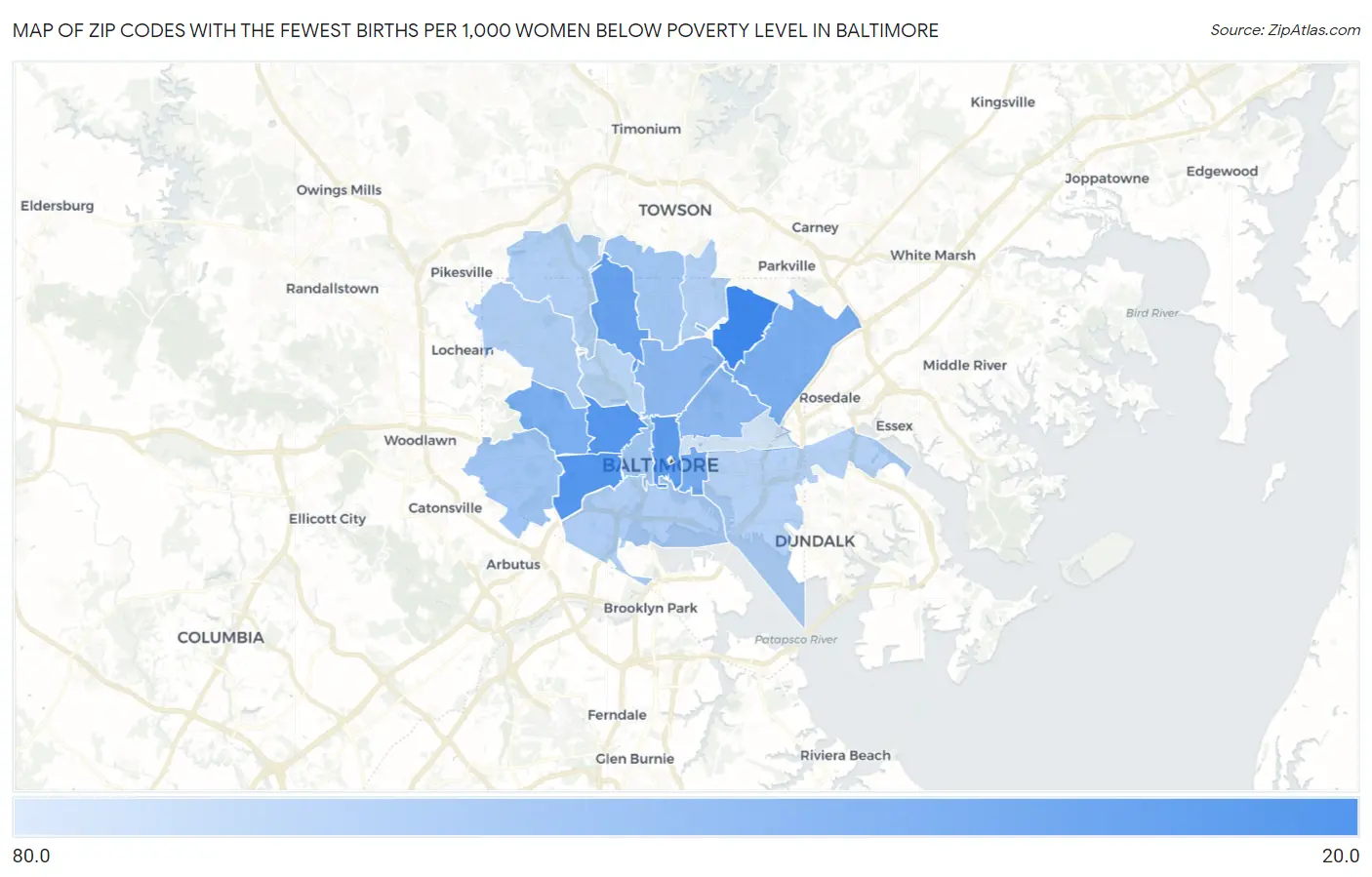 Zip Codes with the Fewest Births per 1,000 Women Below Poverty Level in Baltimore Map