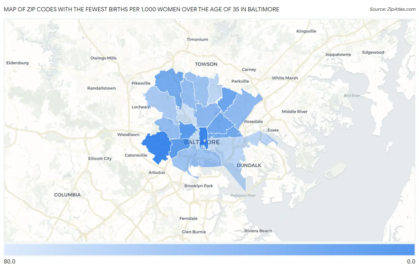 Zip Codes with the Fewest Births per 1,000 Women Over the Age of 35 in Baltimore Map
