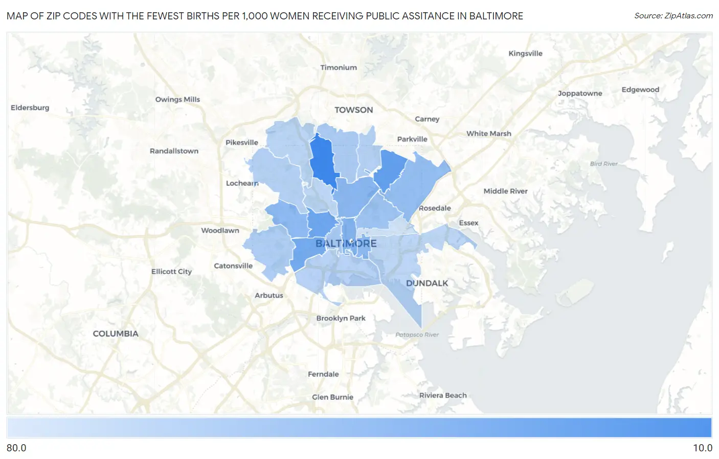Zip Codes with the Fewest Births per 1,000 Women Receiving Public Assitance in Baltimore Map