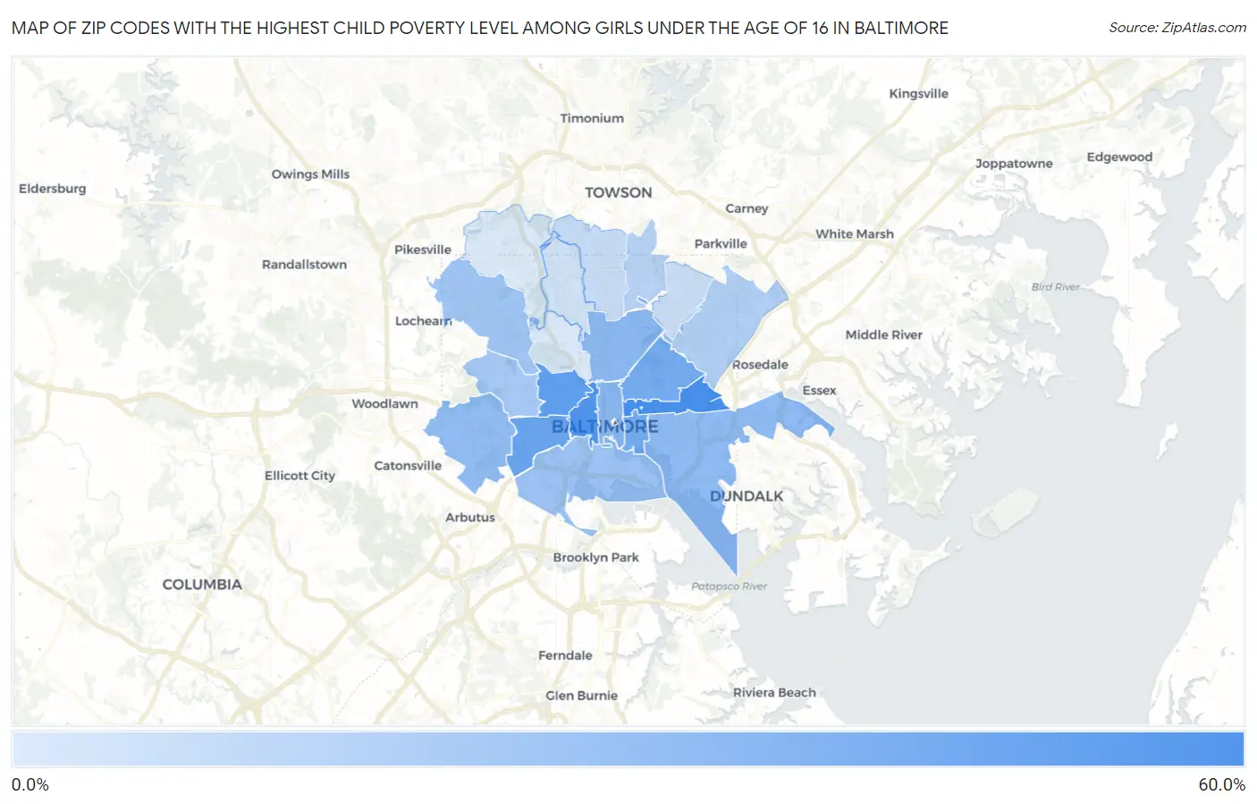Zip Codes with the Highest Child Poverty Level Among Girls Under the Age of 16 in Baltimore Map