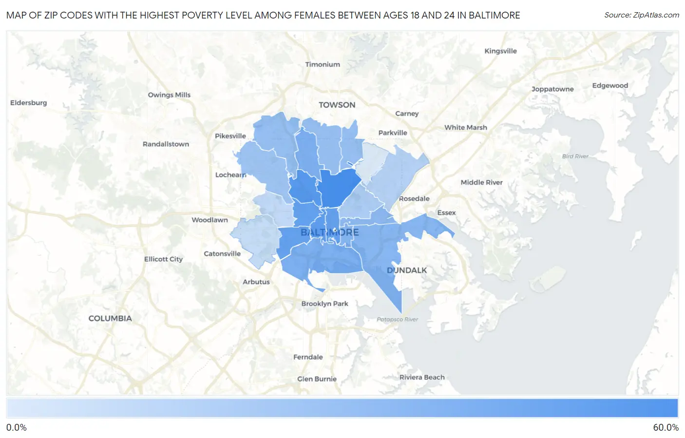 Zip Codes with the Highest Poverty Level Among Females Between Ages 18 and 24 in Baltimore Map