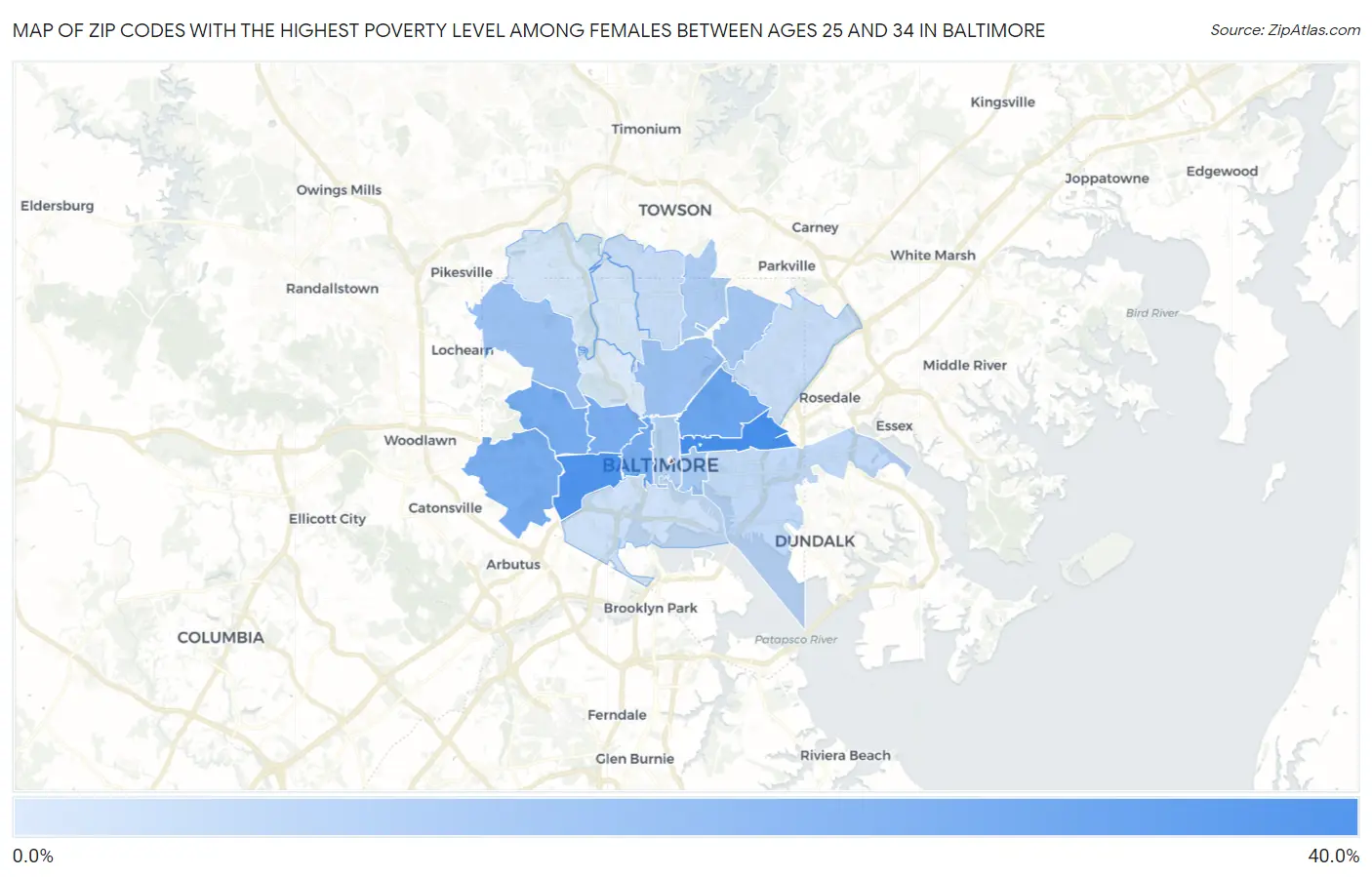 Zip Codes with the Highest Poverty Level Among Females Between Ages 25 and 34 in Baltimore Map