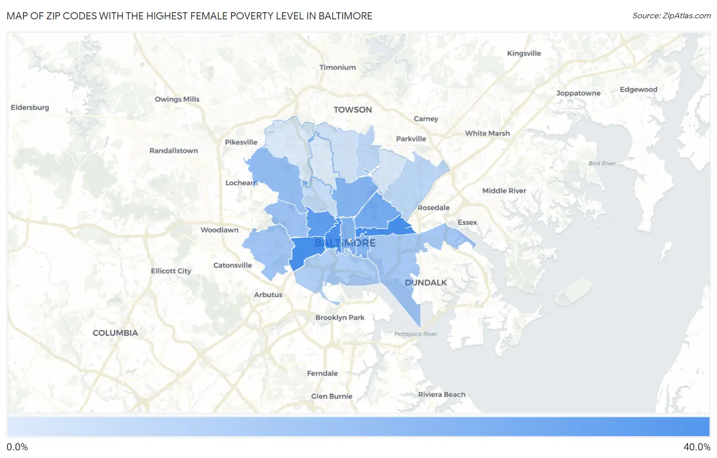Zip Codes with the Highest Female Poverty Level in Baltimore Map
