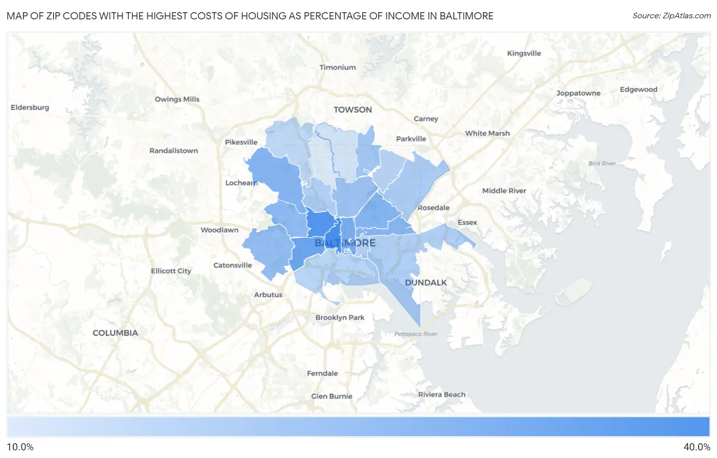 Zip Codes with the Highest Costs of Housing as Percentage of Income in Baltimore Map
