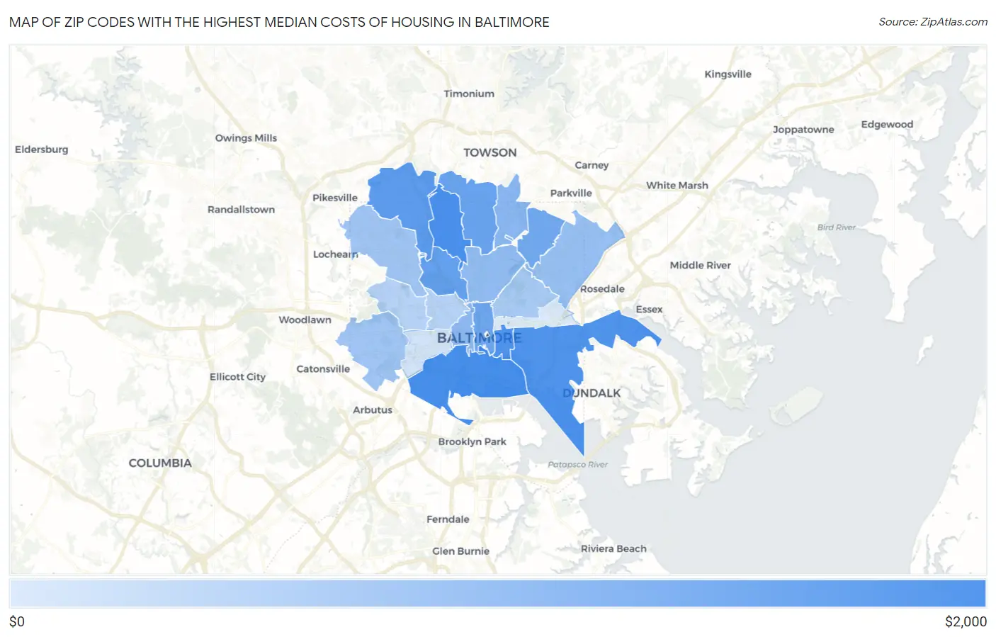 Zip Codes with the Highest Median Costs of Housing in Baltimore Map