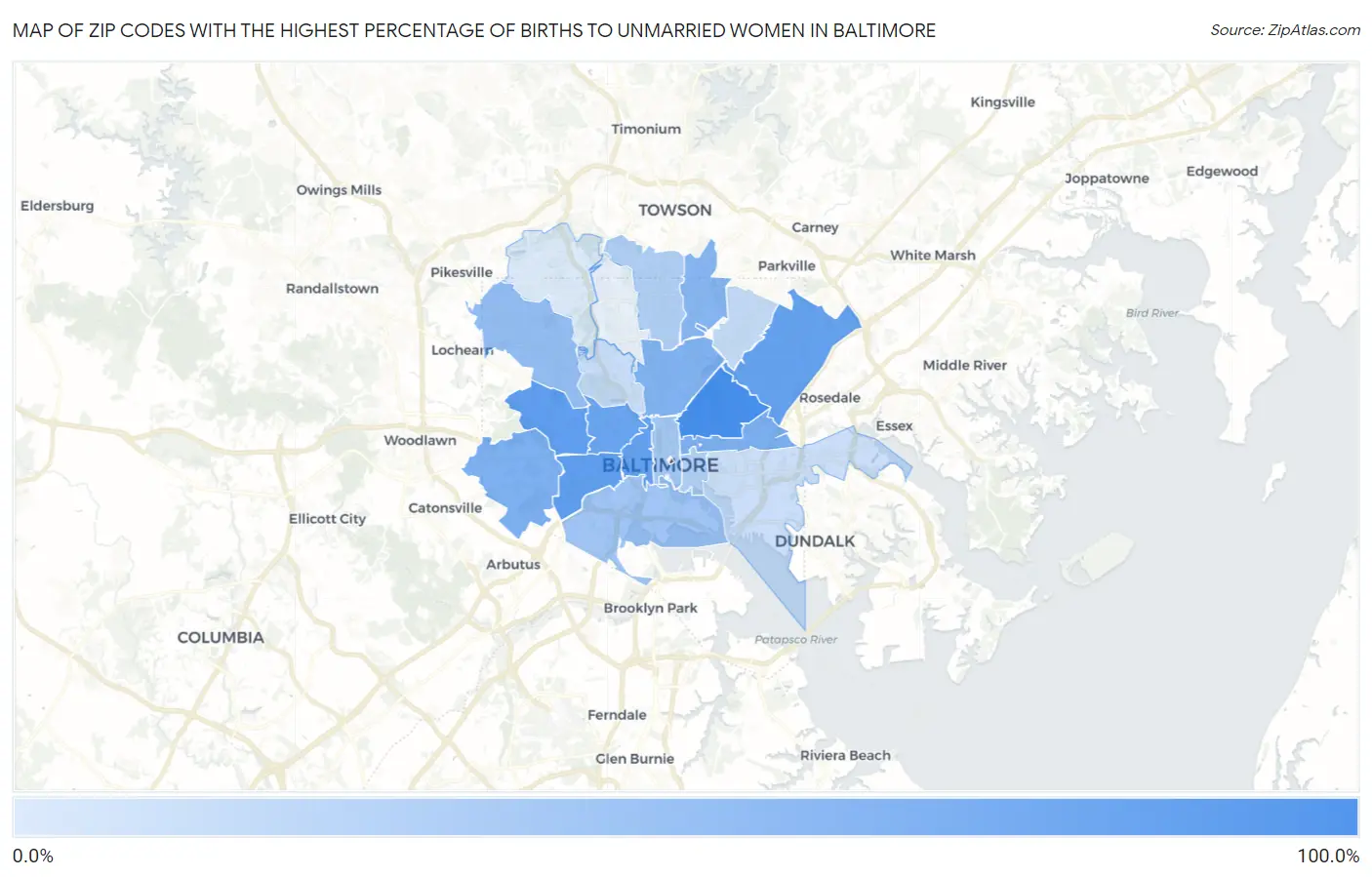 Zip Codes with the Highest Percentage of Births to Unmarried Women in Baltimore Map
