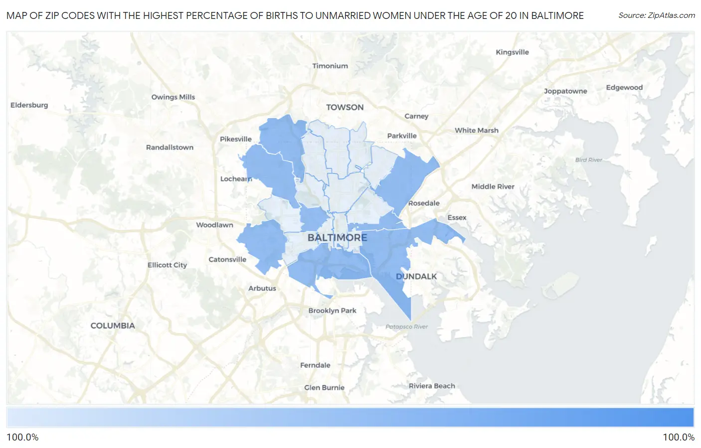 Zip Codes with the Highest Percentage of Births to Unmarried Women under the Age of 20 in Baltimore Map
