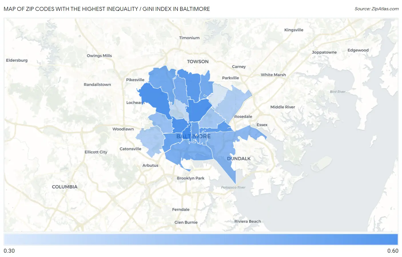 Zip Codes with the Highest Inequality / Gini Index in Baltimore Map