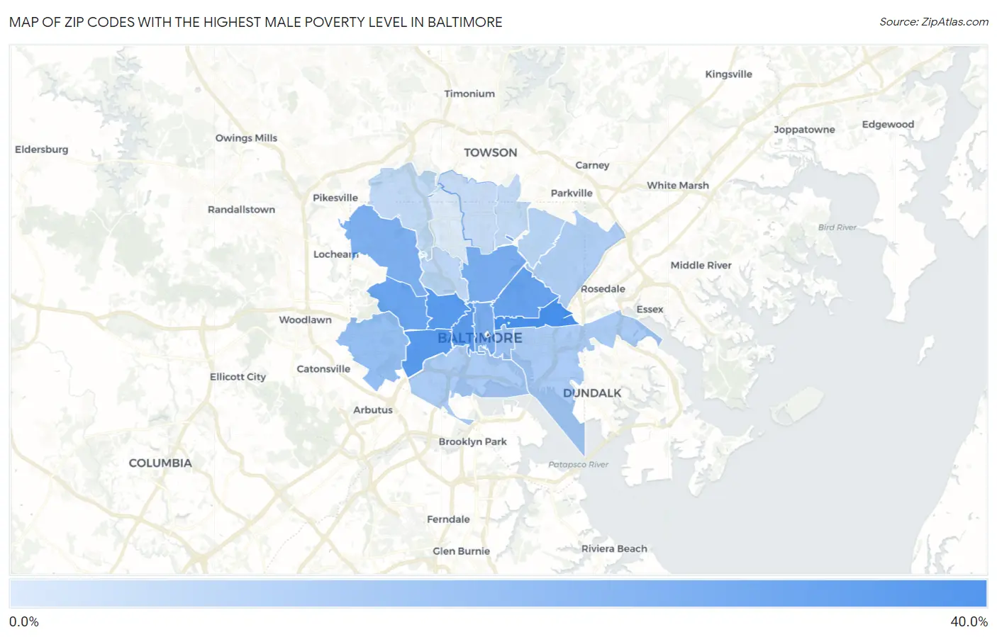 Zip Codes with the Highest Male Poverty Level in Baltimore Map