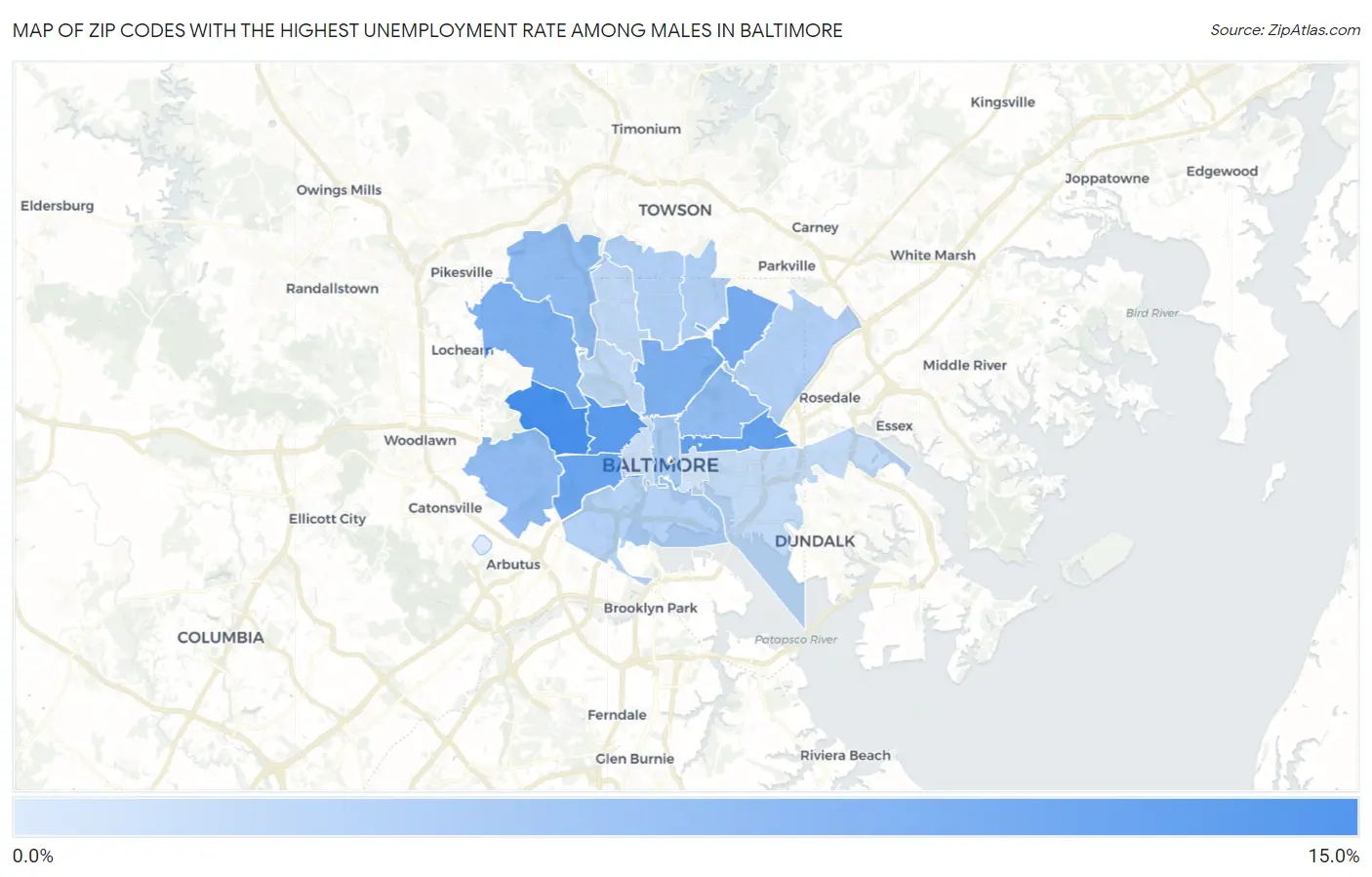 Zip Codes with the Highest Unemployment Rate Among Males in Baltimore Map