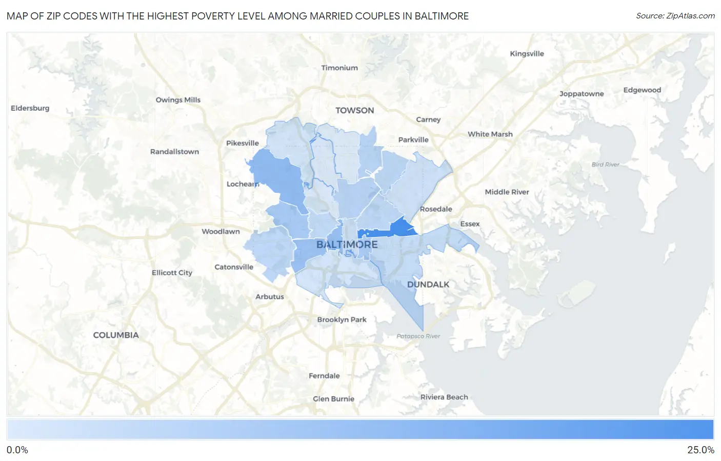 Zip Codes with the Highest Poverty Level Among Married Couples in Baltimore Map