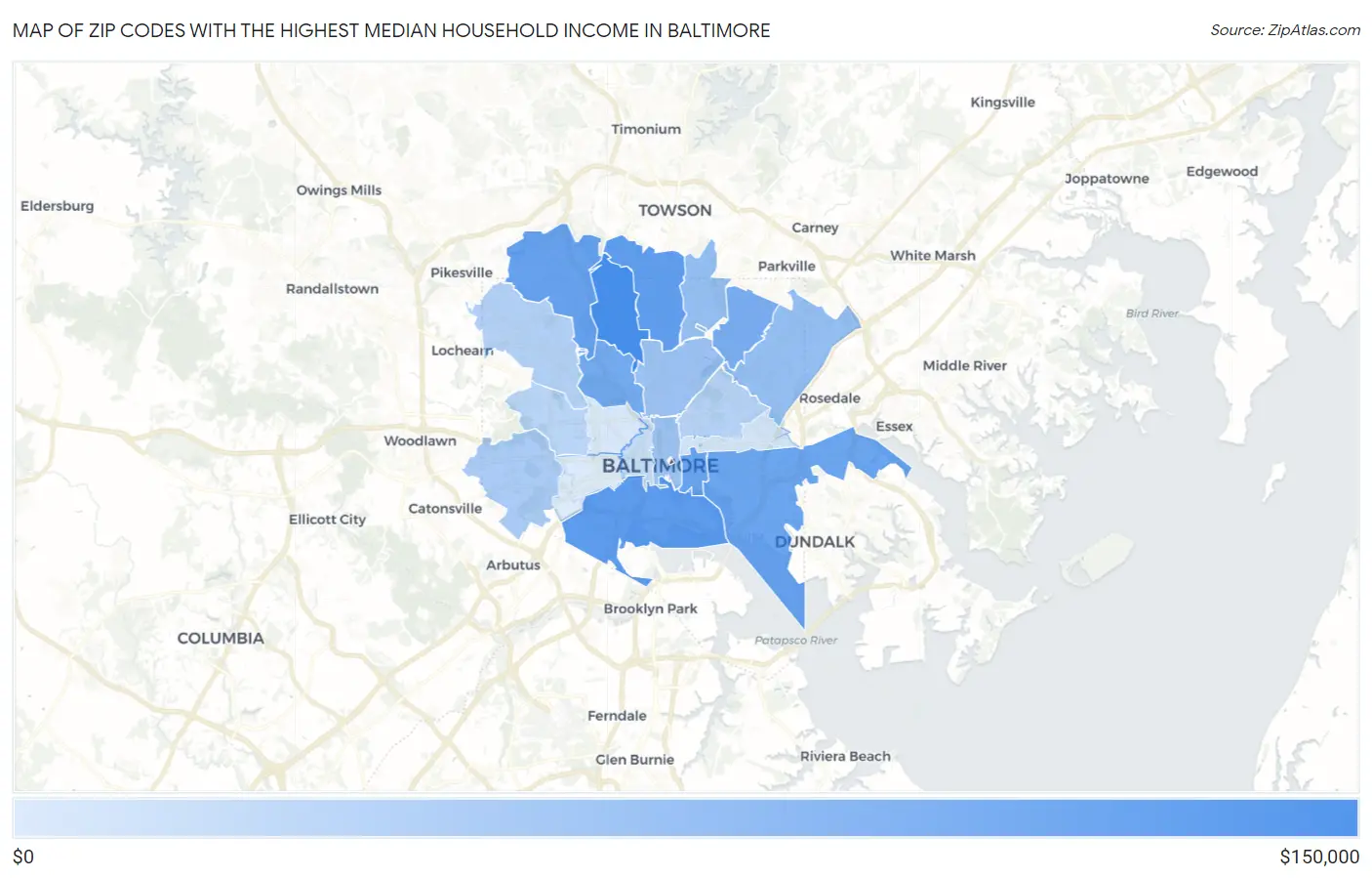 Zip Codes with the Highest Median Household Income in Baltimore Map