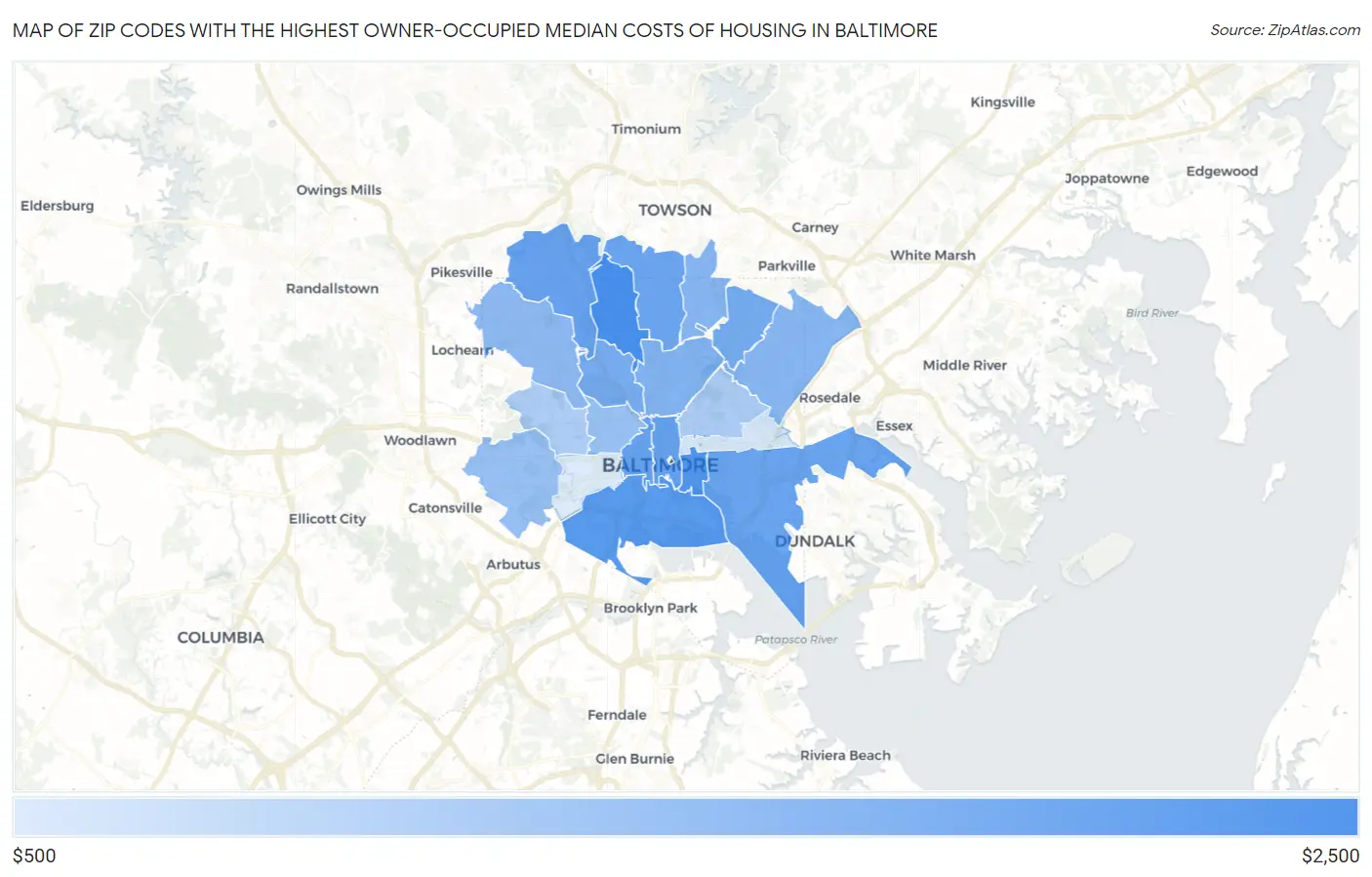 Zip Codes with the Highest Owner-Occupied Median Costs of Housing in Baltimore Map