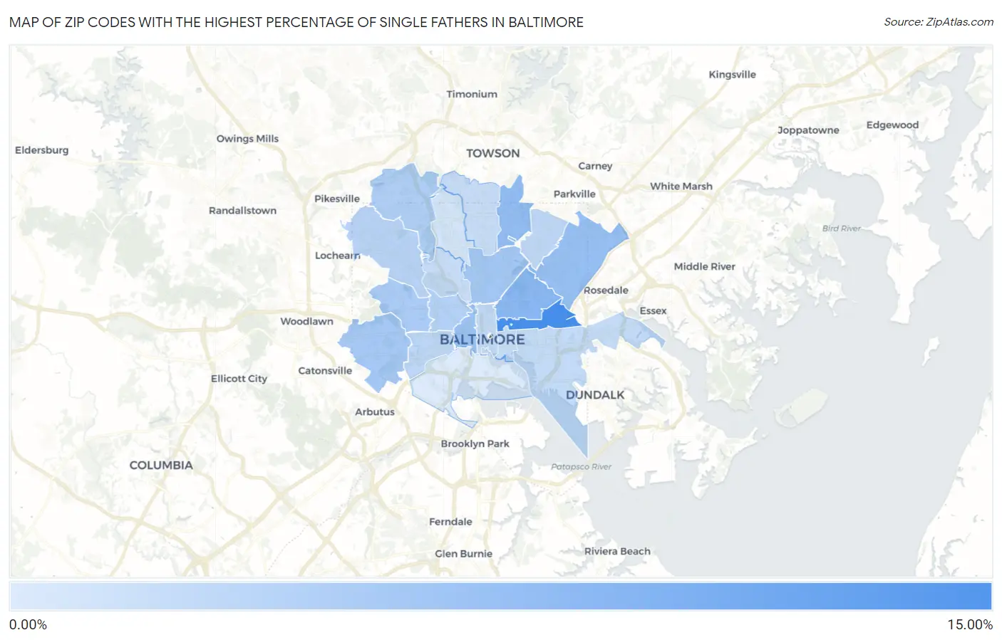 Zip Codes with the Highest Percentage of Single Fathers in Baltimore Map