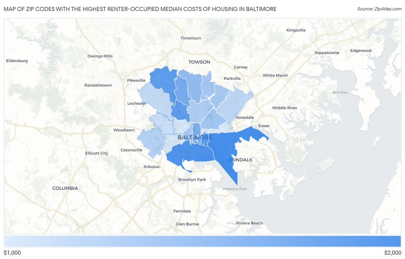 Zip Codes with the Highest Renter-Occupied Median Costs of Housing in Baltimore Map