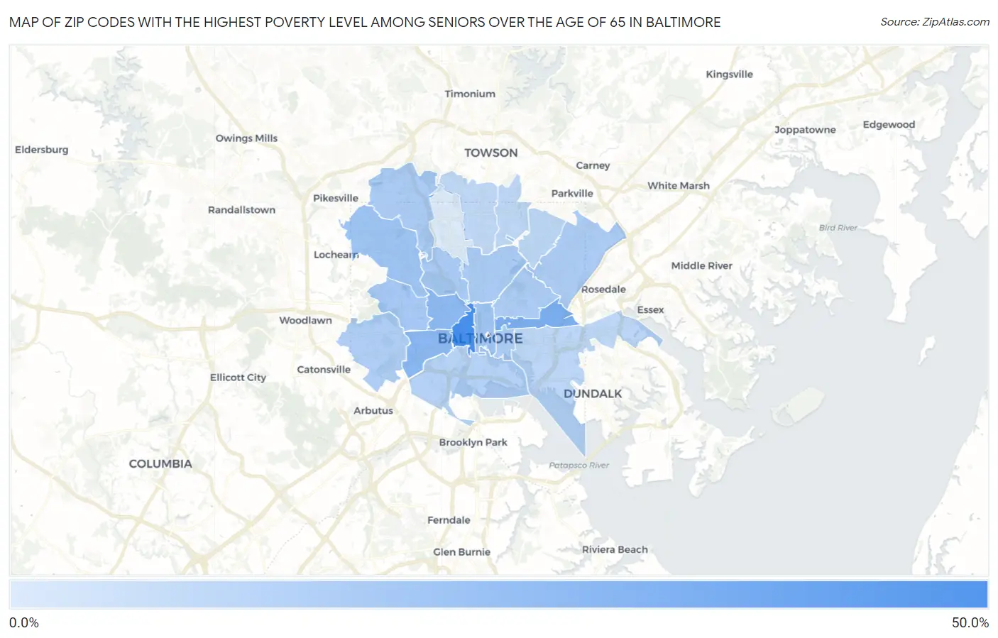 Zip Codes with the Highest Poverty Level Among Seniors Over the Age of 65 in Baltimore Map