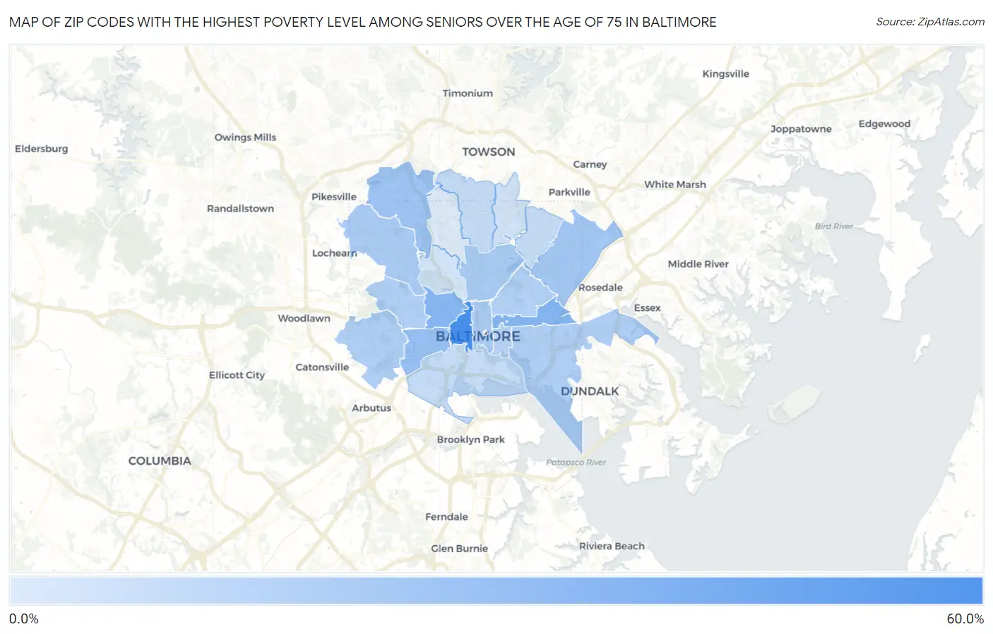 Zip Codes with the Highest Poverty Level Among Seniors Over the Age of 75 in Baltimore Map