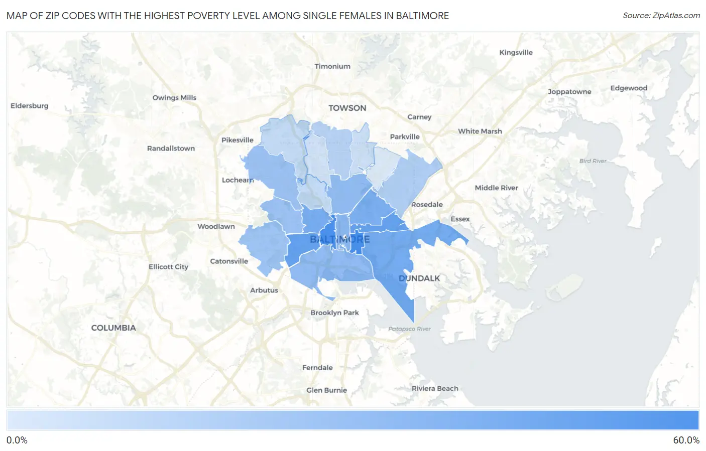 Zip Codes with the Highest Poverty Level Among Single Females in Baltimore Map