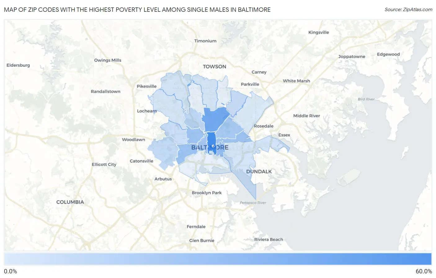 Zip Codes with the Highest Poverty Level Among Single Males in Baltimore Map