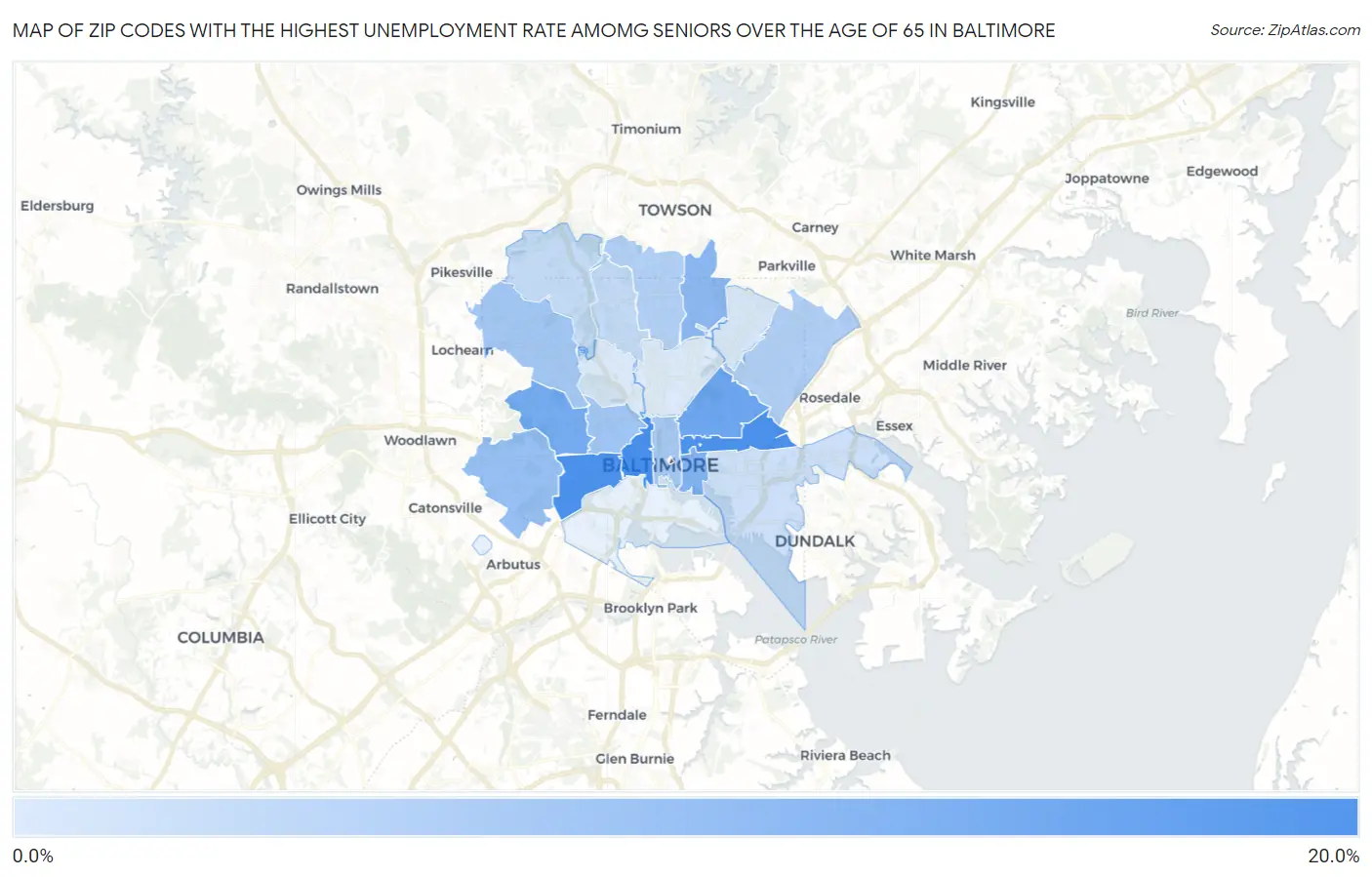 Zip Codes with the Highest Unemployment Rate Amomg Seniors Over the Age of 65 in Baltimore Map
