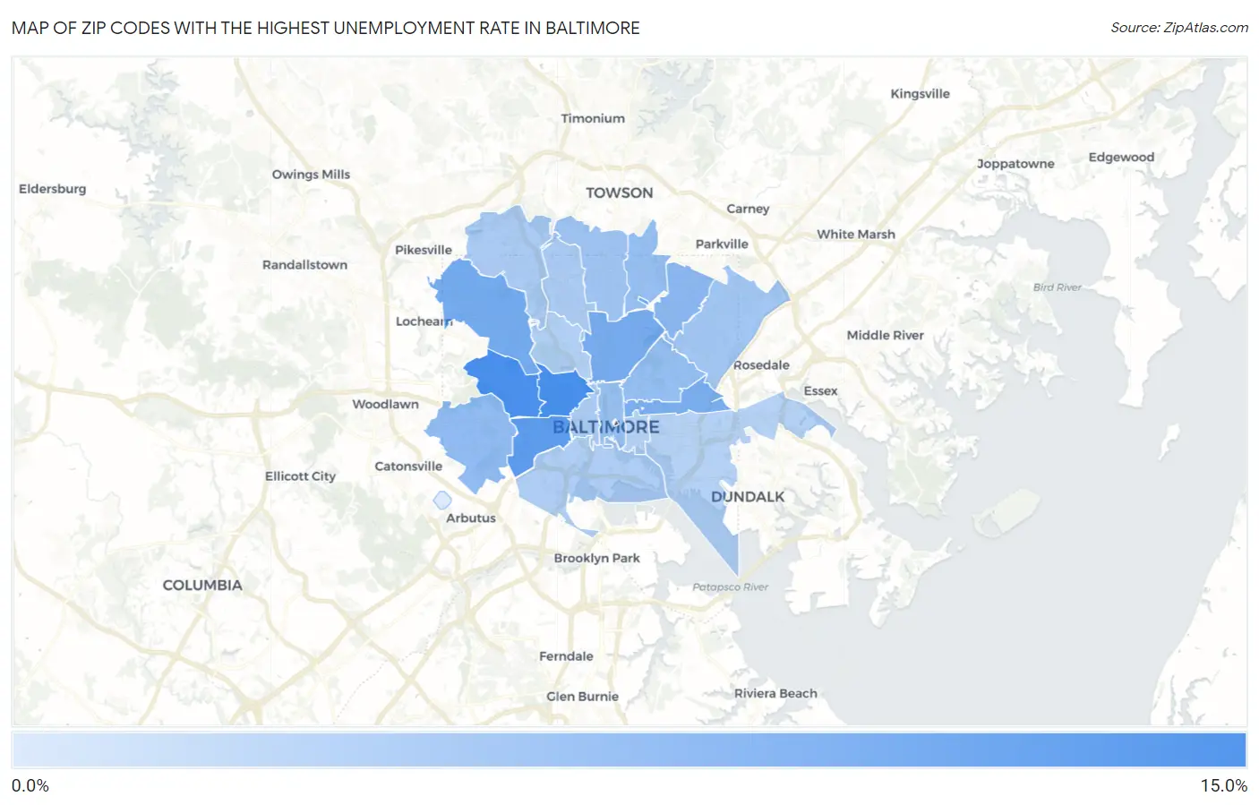 Zip Codes with the Highest Unemployment Rate in Baltimore Map