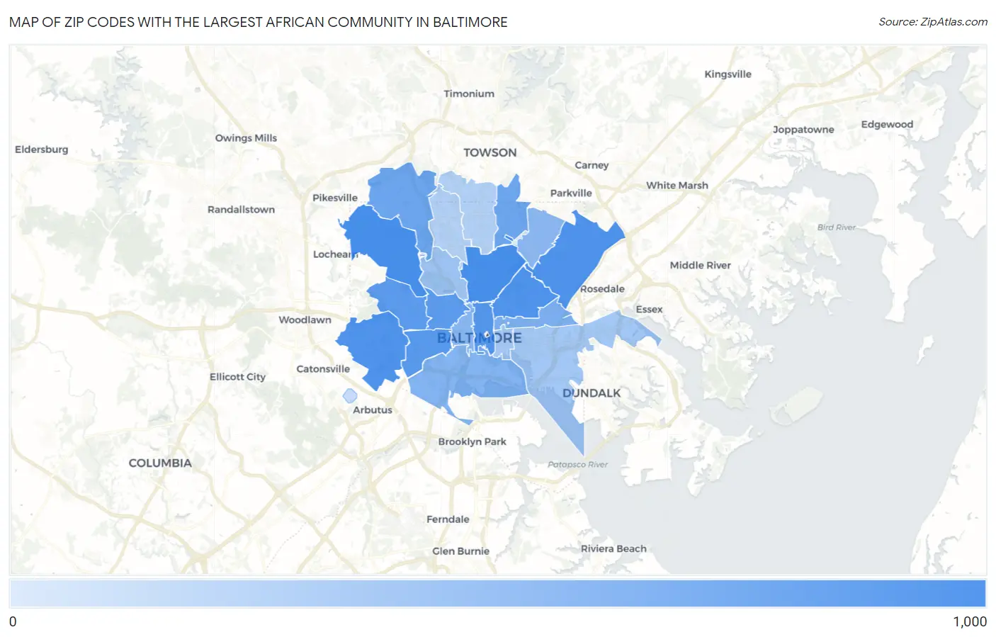 Zip Codes with the Largest African Community in Baltimore Map