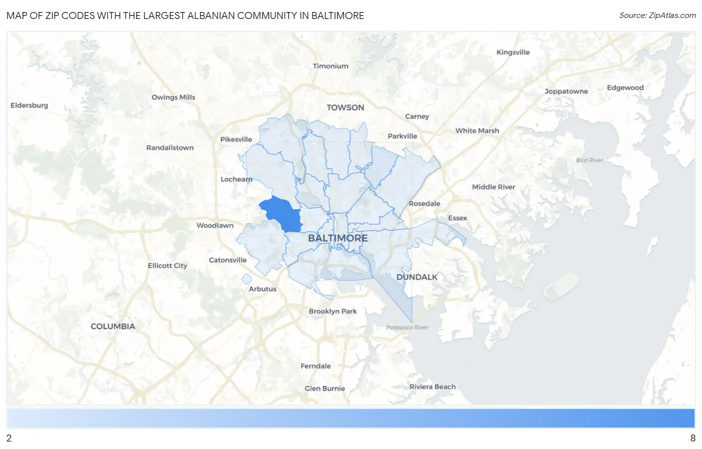 Zip Codes with the Largest Albanian Community in Baltimore Map