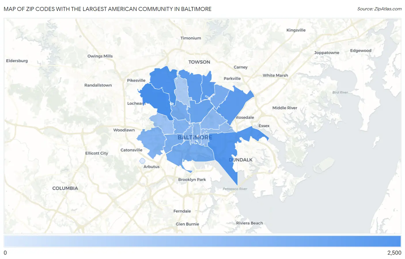 Zip Codes with the Largest American Community in Baltimore Map