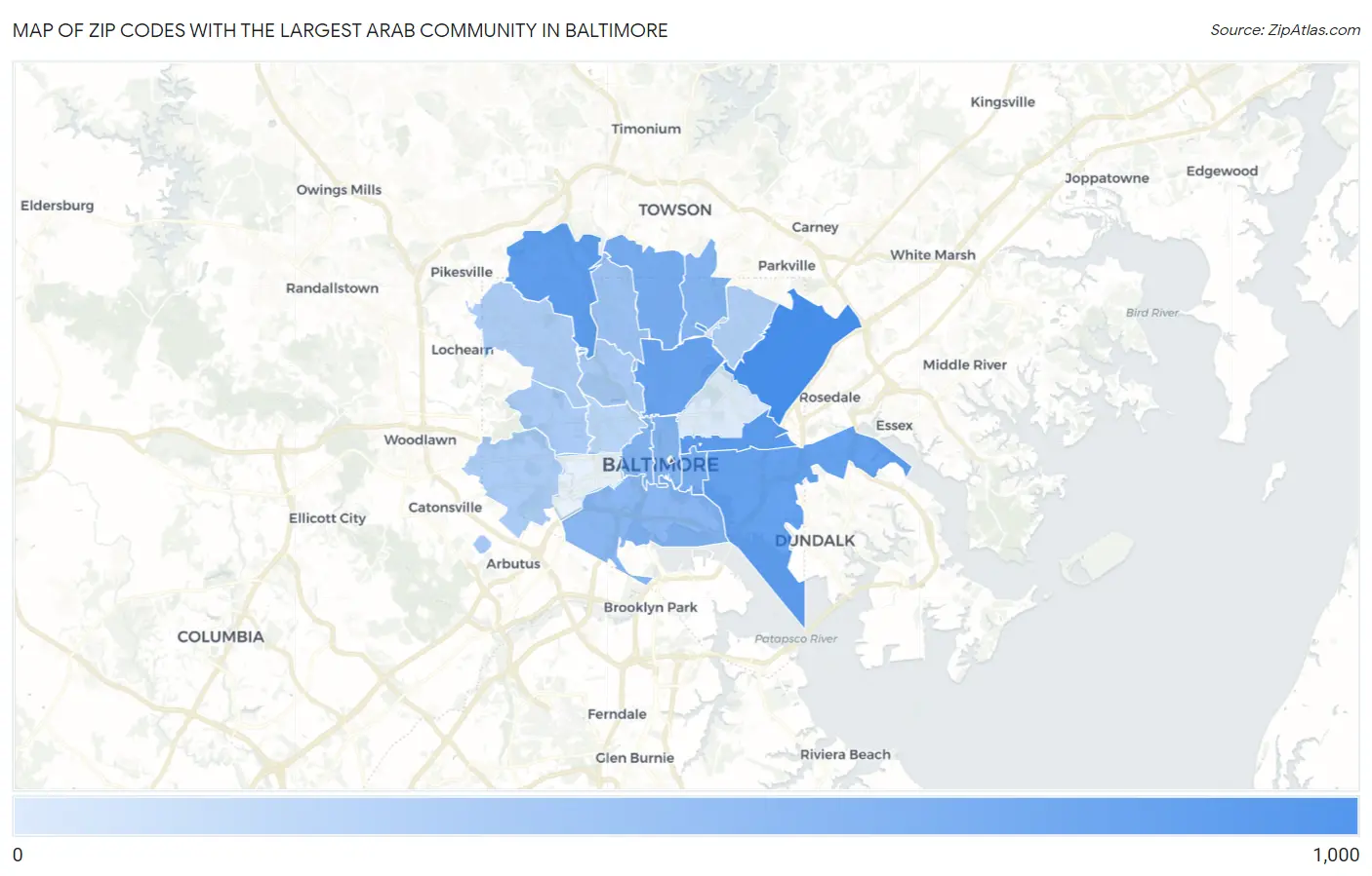 Zip Codes with the Largest Arab Community in Baltimore Map