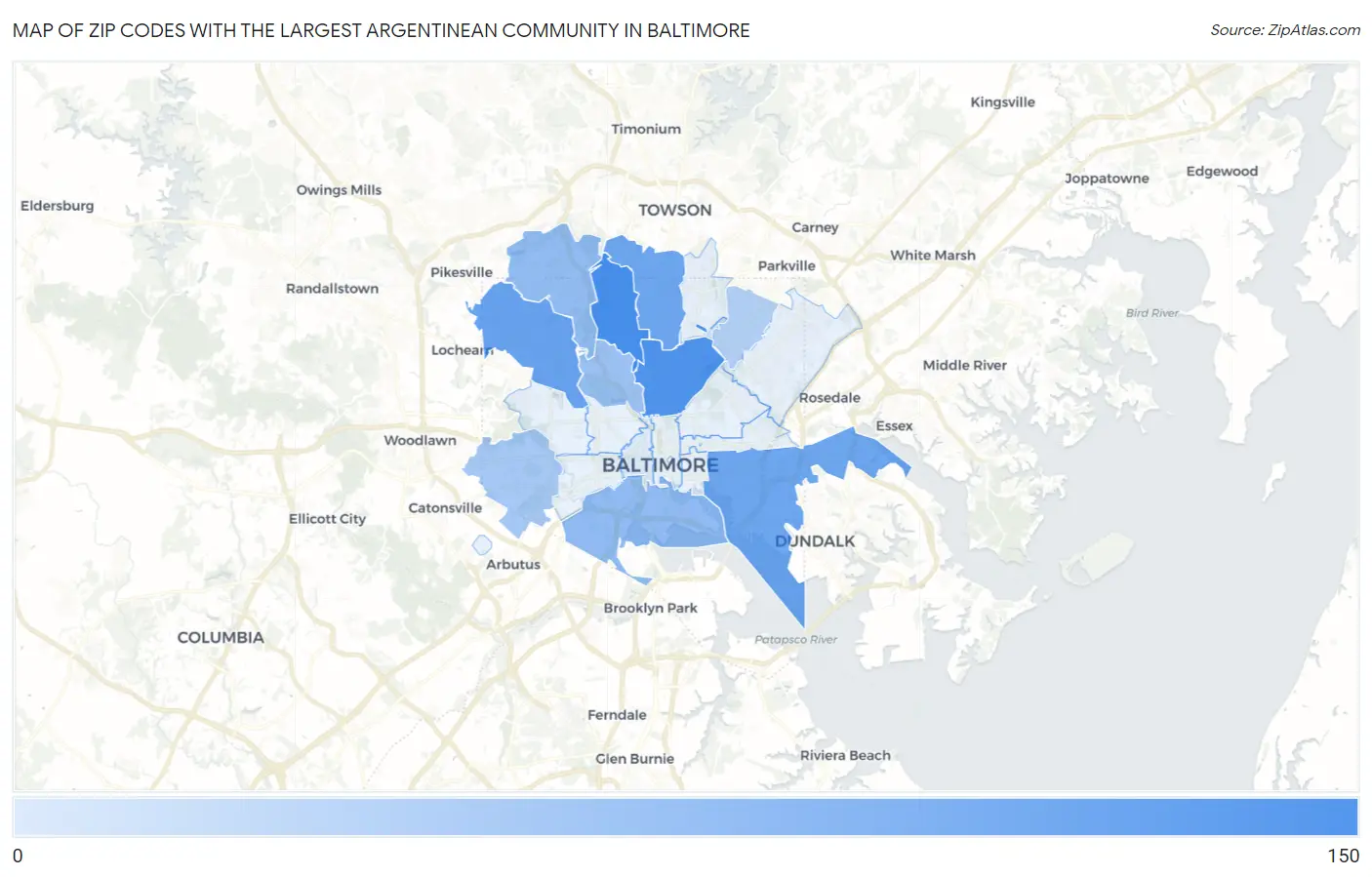 Zip Codes with the Largest Argentinean Community in Baltimore Map
